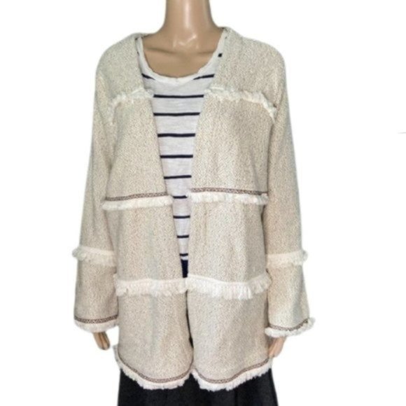 Fringe Accent Open Front Cream Boho Sweater NEW Size Large NWT - Picture 2 of 11